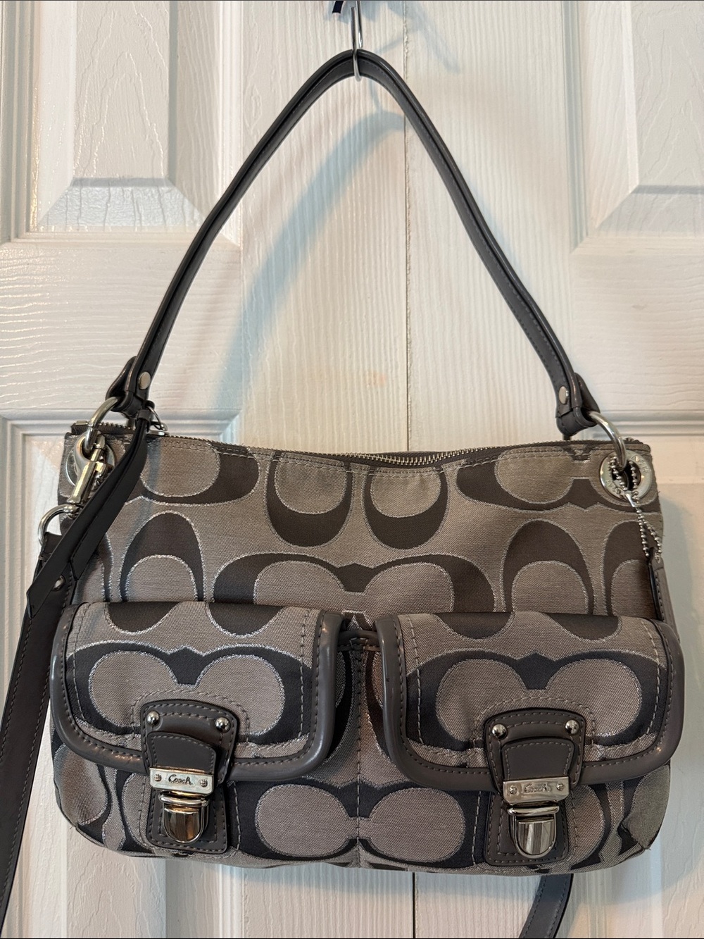 Coach Poppy Silver and Gray Crossbody Bag with Signature Monogram